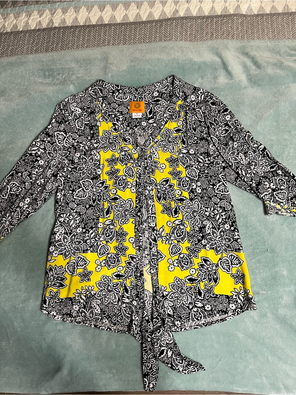 Ruby Rd. Black & Yellow Floral Tie-Front Blouse